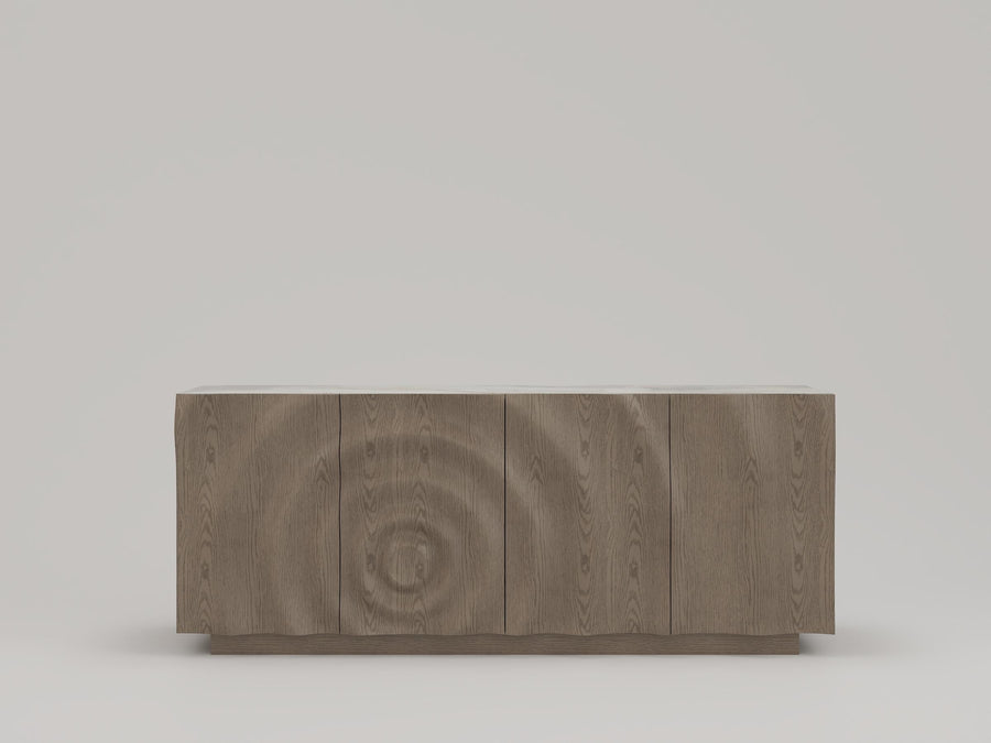 Modern wooden sideboard with a ripple-patterned oak veneer finish and minimalist flat-panel doors