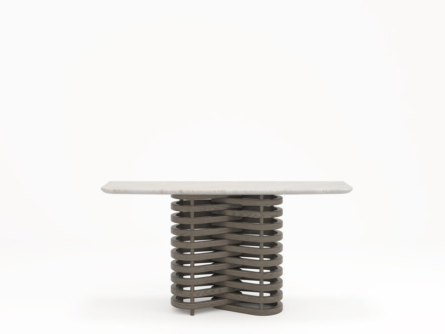 Modern console table featuring a sculptural wave-shaped wooden base and a smooth white stone or marble top