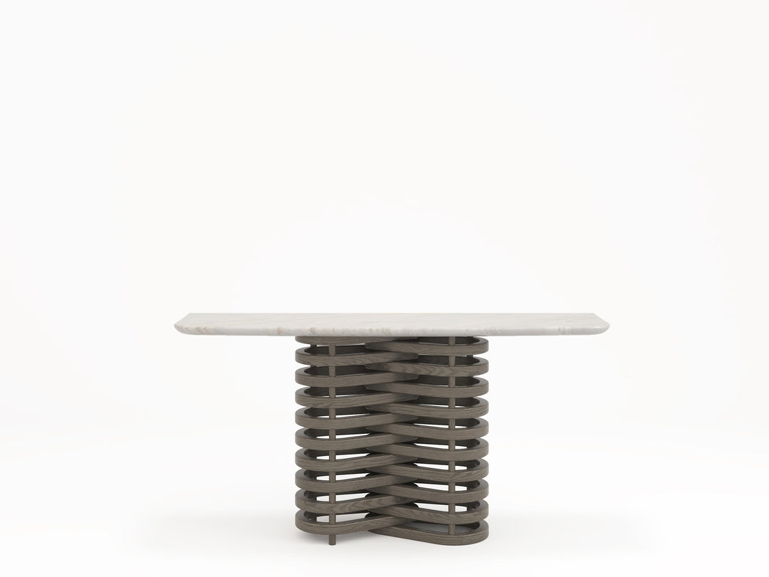 Modern console table featuring a sculptural wave-shaped wooden base and a smooth white stone or marble top