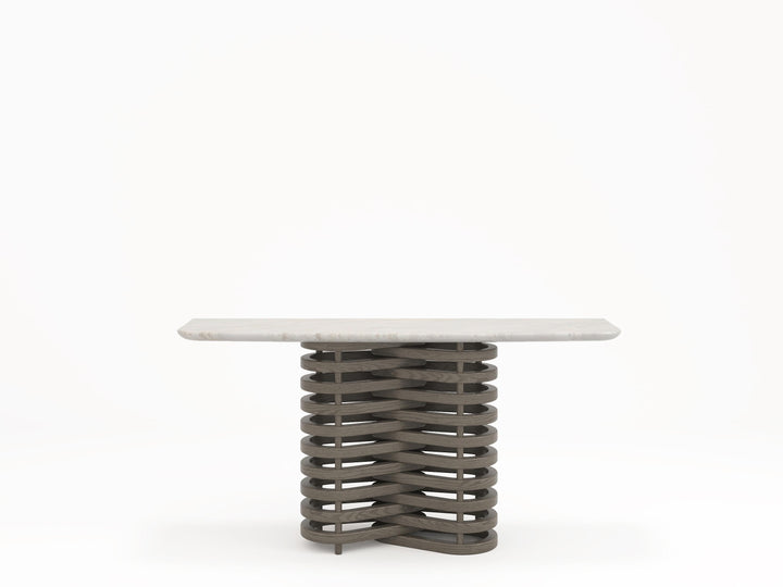 Modern console table featuring a sculptural wave-shaped wooden base and a smooth white stone or marble top