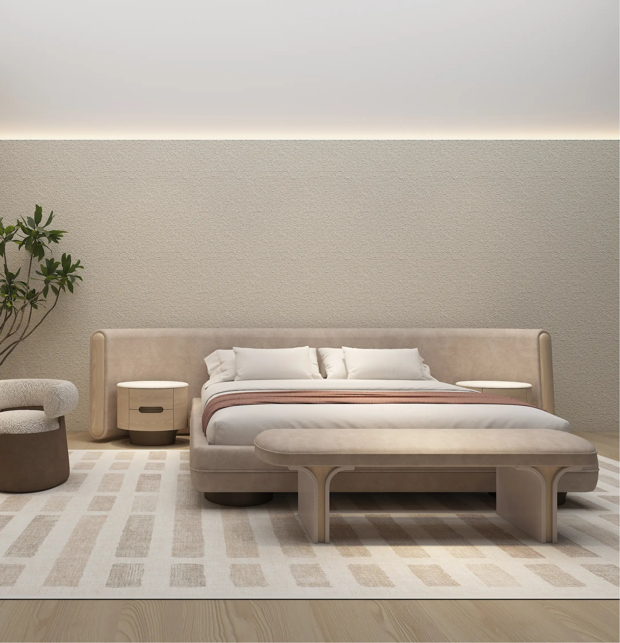 Modern bedroom with beige furniture, including a bed, nightstands, and a vanity.